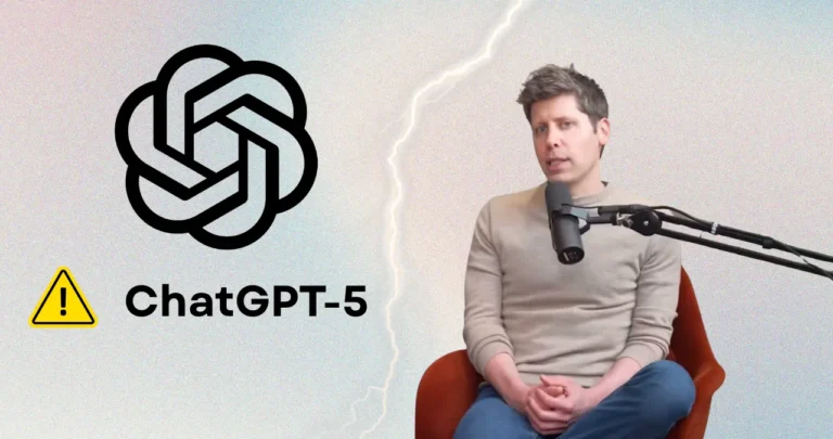 Sam Altman discusses concerns and potential risks of ChatGPT-5 in a podcast interview, with OpenAI logo and warning symbol in background.