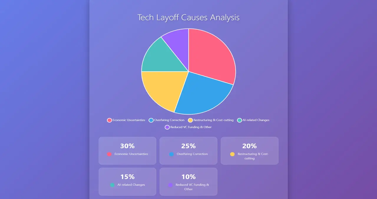 Pie chart analyzing tech layoff causes with economic uncertainties at 30%, overhiring correction at 25%, and AI-related changes at 15%