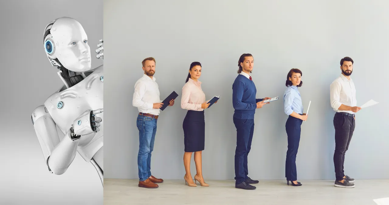 AI robot standing beside a line of professionals, symbolizing automation and job displacement in the tech industry