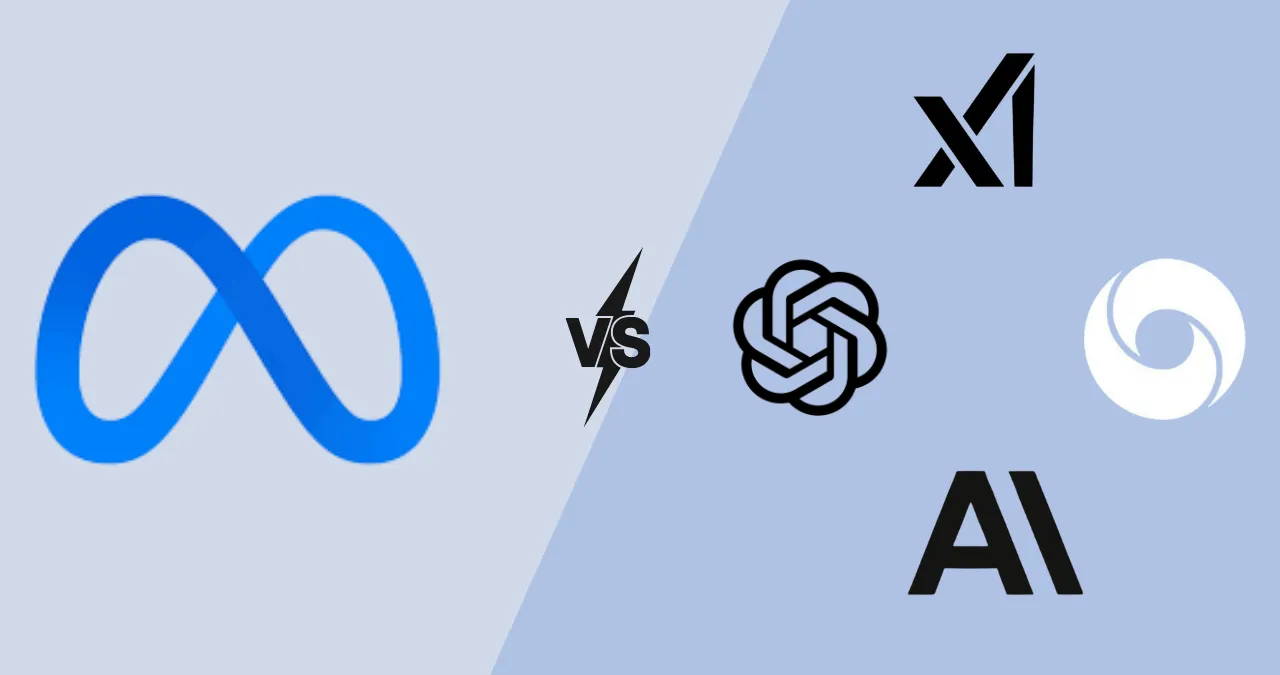 Meta logo versus top AI company logos including OpenAI, xAI, DeepMind, and Anthropic, representing the AI arms race.