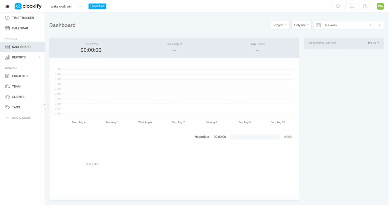 Screenshot of clockify dashboard interface