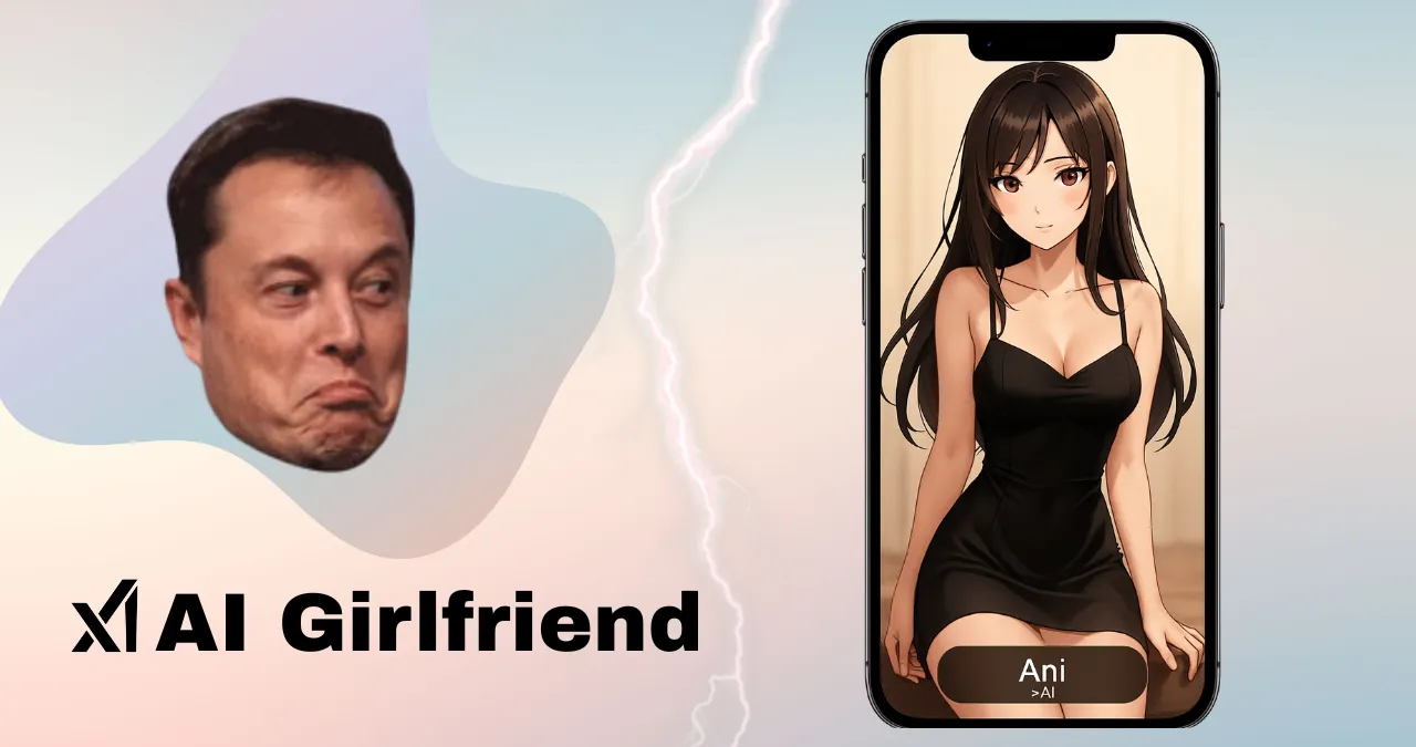 Elon Musk with xAI logo and anime-style AI girlfriend on smartphone screen – promoting new AI girlfriend app.