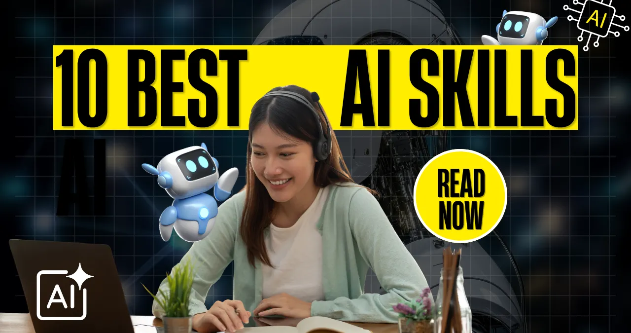 AN image of a lady and text written 10 best ai skills courses