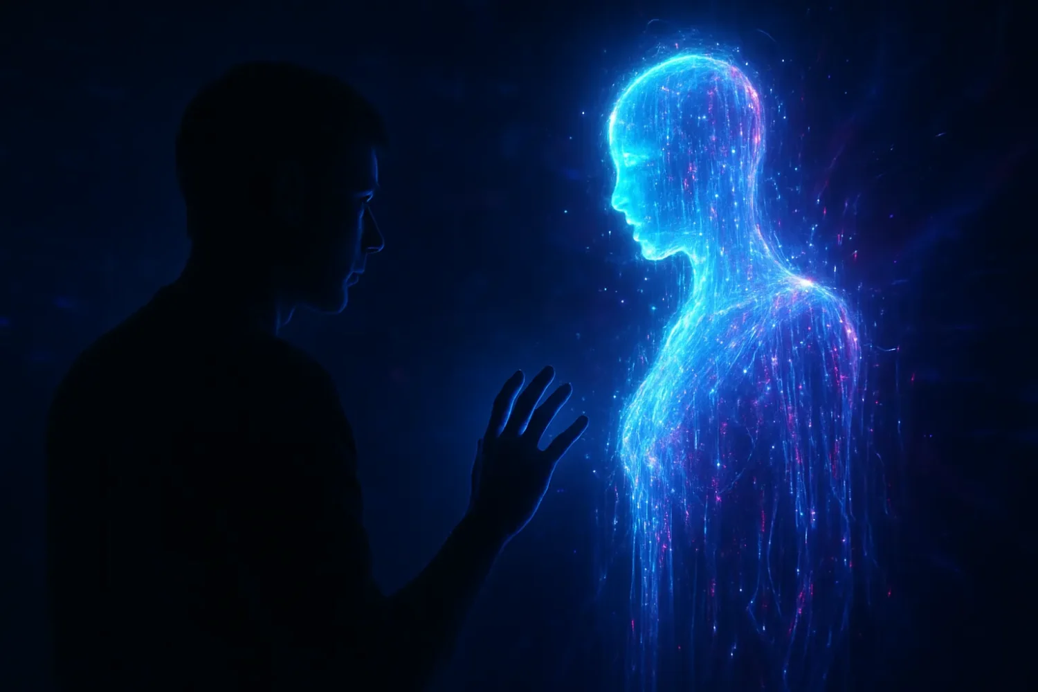 a futuristic image of a man talking to AI girlfriend 2025