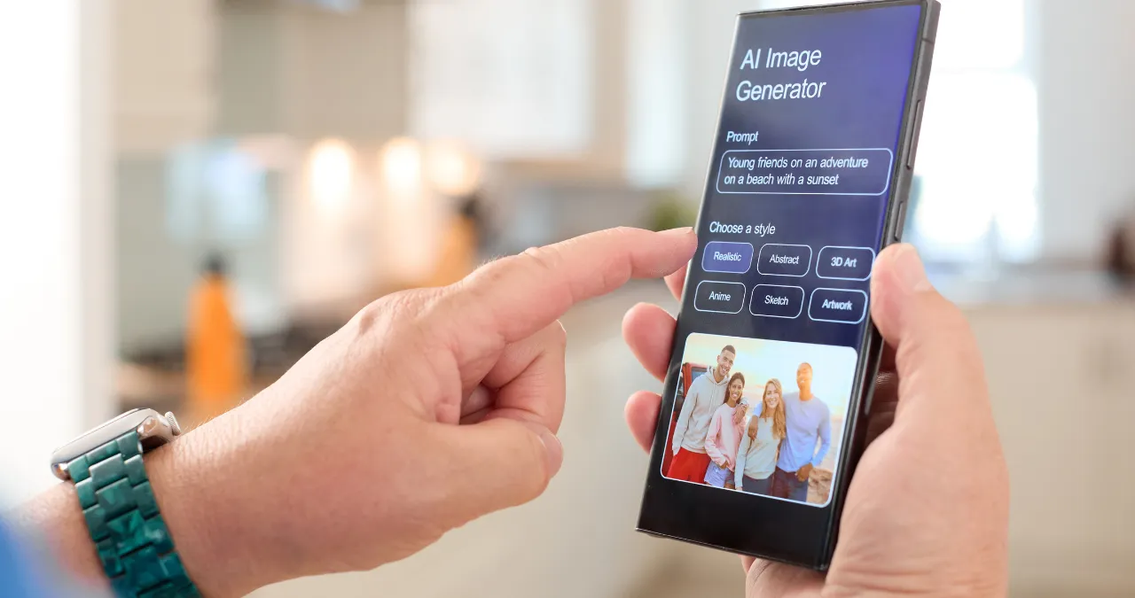 An image of smartphone in a hand with multimodal AI interface