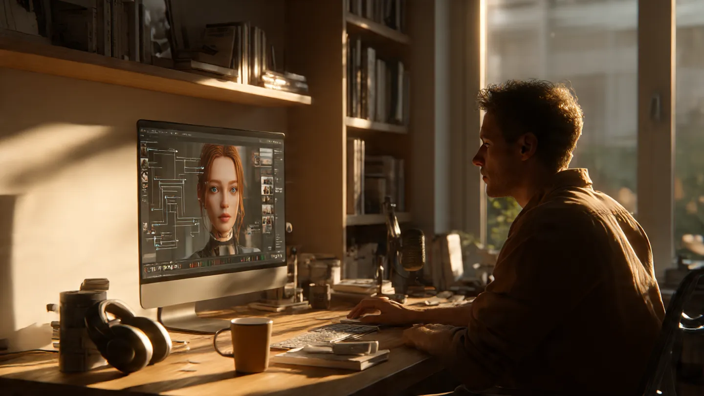 an image of a young man working in a cozy room and making ai girlfriend chatbot